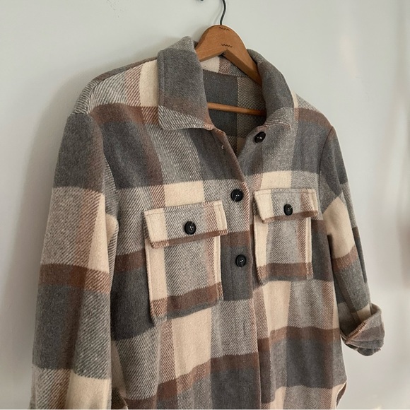 Grey Tan Plaid Checkered Shacket - Picture 3 of 14